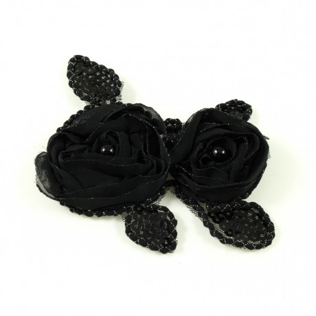 Fleur en tissu et feuilles en sequins avec perle au milieu 10x5.5cm - noir