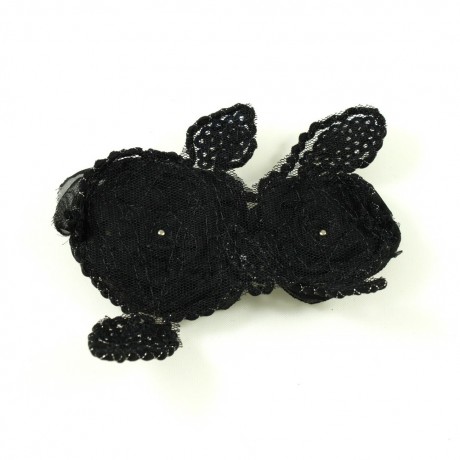 Fleur en tissu et feuilles en sequins avec perle au milieu 10x5.5cm - noir