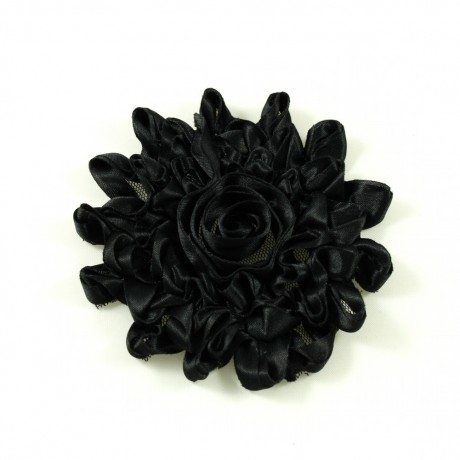 Fleur en tissu satiné noir, diamètre environ 9cm
