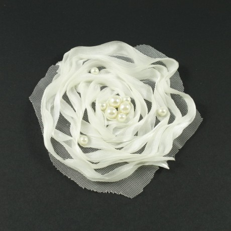Fleur en tissu synthétique ivoire perlé, diamètre 10cm