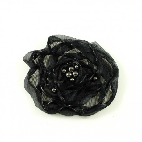 Fleur en tissu synthétique noir perlé, diamètre environ 10cm