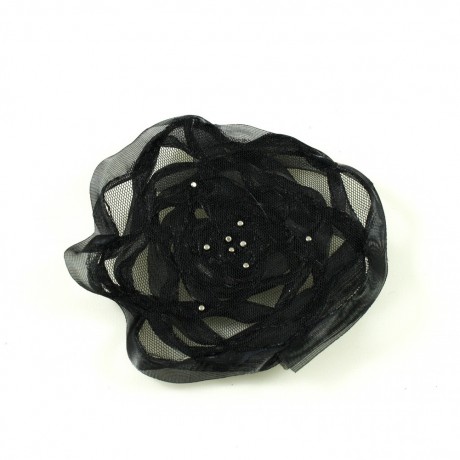 Fleur en tissu synthétique noir perlé, diamètre environ 10cm