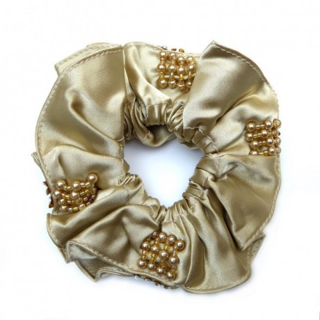 Elastique chouchou cheveux tissu satin et perles - beige