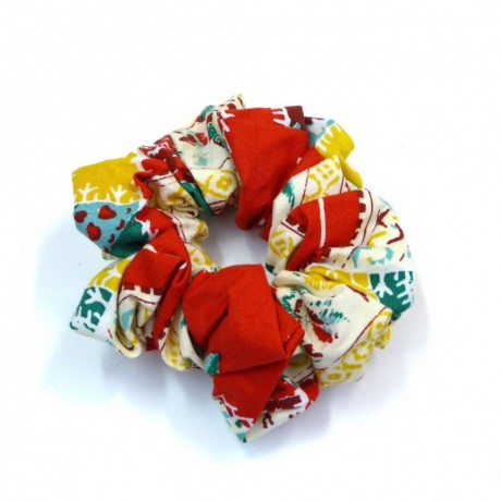 Elastique chouchou cheveux tissu motif fantaisie multicolore rouge