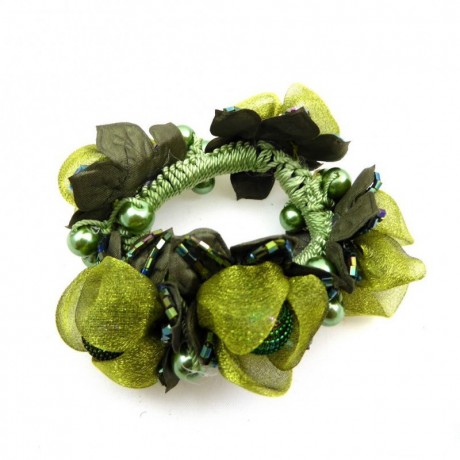 Elastique chouchou cheveux ou bracelet perle fleur - vert