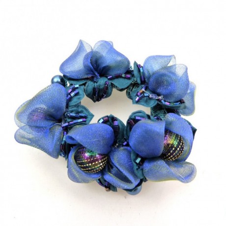 Elastique chouchou cheveux ou bracelet perle fleur - bleu