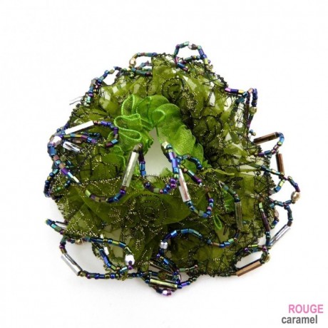 Elastique chouchou cheveux tissu perles brodées - vert