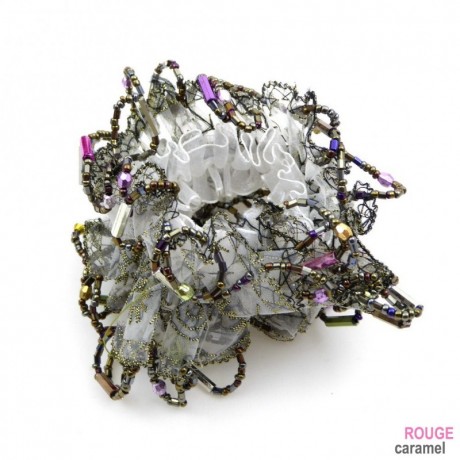 Elastique chouchou cheveux tissu perles brodées - gris argent