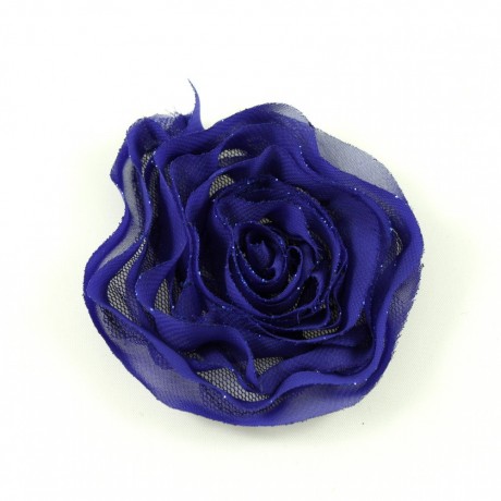 Fleur en tissu synthétique bleu dur avec bord pailleté, diamètre 7cm