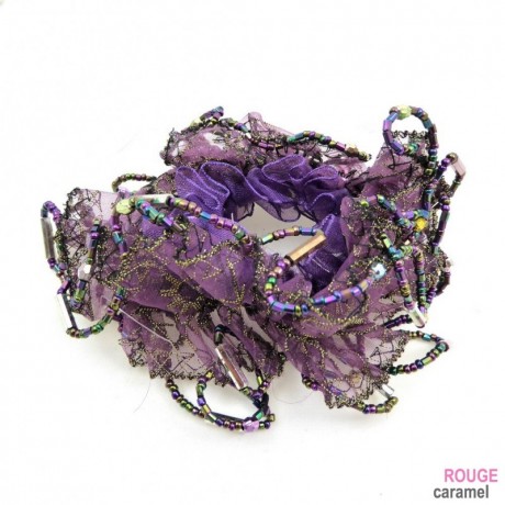 Elastique chouchou cheveux tissu perles brodées - mauve