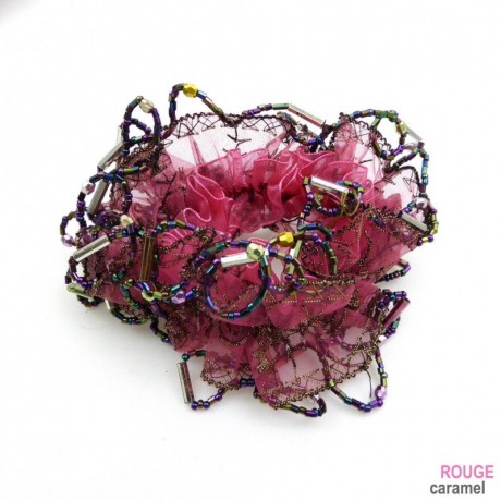 Elastique chouchou cheveux tissu perles brodées - rouge