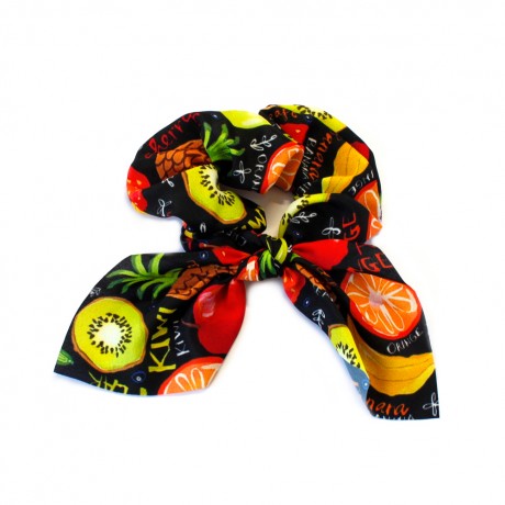 Gros chouchou élastique à pan motif fruits - noir