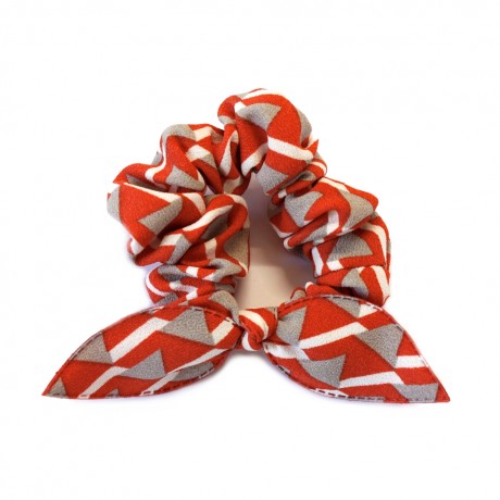 Chouchou élastique cheveux noeud motif géométrique - rouge gris