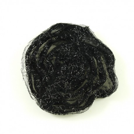 Fleur en tissu synthétique couleur noir avec fil argenté environ 8cm.
