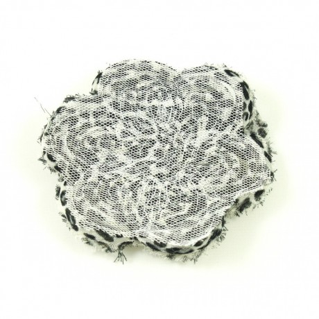 Grosse fleur plate blanc/noir en tissu synthétique 7.5cm