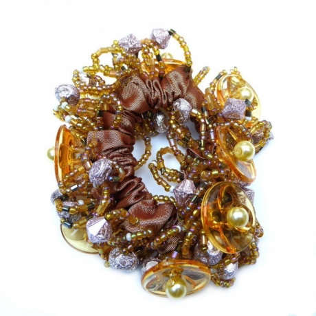 Elastique chouchou cheveux ou bracelet perles - marron