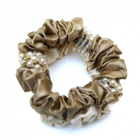 Double élastique chouchou cheveux tissu et perles - beige crème