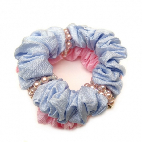 Double élastique chouchou cheveux tissu et perles - bleu rose