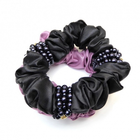 Double élastique chouchou cheveux tissu et perles - noir mauve