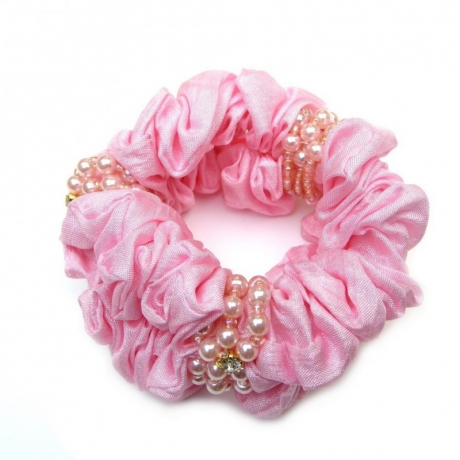 Double élastique chouchou cheveux tissu et perles - rose