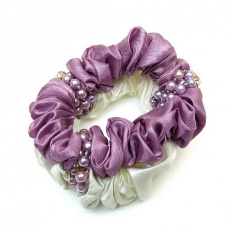 Double élastique chouchou cheveux tissu et perles - mauve crème