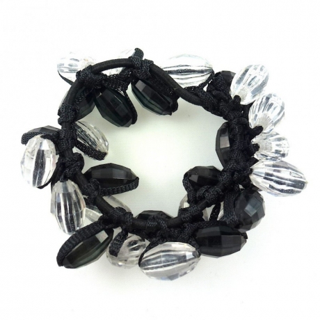 Elastique cheveux ou bracelet perles ovale transparente - noir blanc