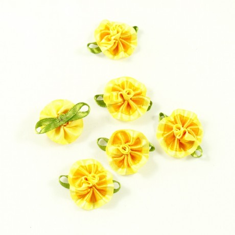 Lot de 10 petites fleurs en tissu satin jaune et vert environ 2.5cm