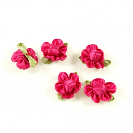 Lot de 10 petites fleurs en tissu satin fuchsia et vert environ 2.5cm