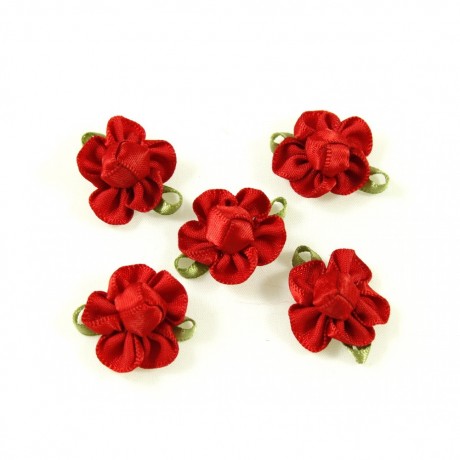 Lot de 10 petites fleurs en tissu satin rouge et vert environ 2.5cm