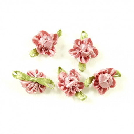 Lot de 10 petites fleurs en tissu satin vieux rose et vert environ 2.5cm