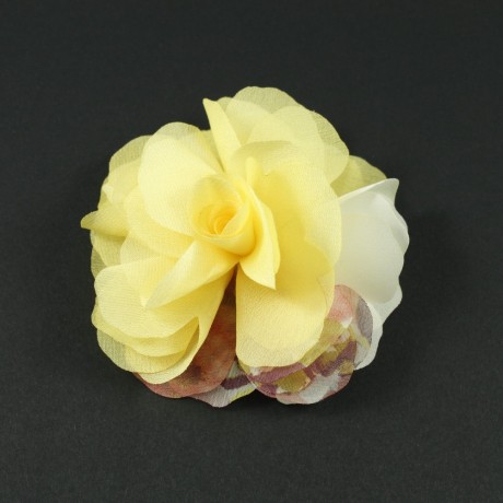 Fleur en tissu mousseline et satin jaune diamètre 8.5cm