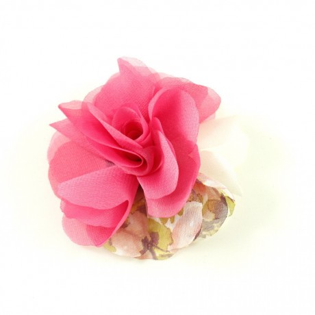 Fleur en tissu mousseline et satin fuchsia diamètre 8.5cm