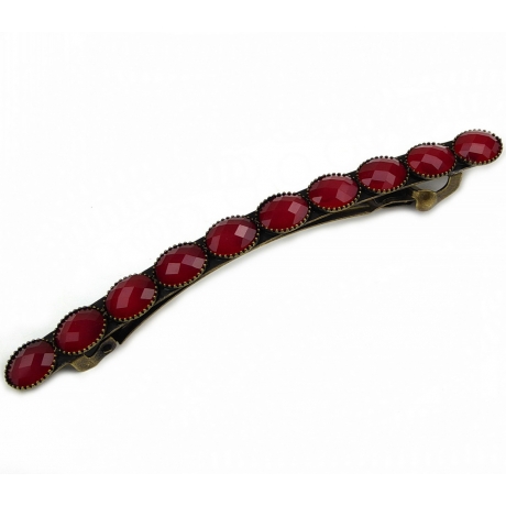 Barrette cheveux longue fine avec perles à facette style antique 9cm rouge carmin