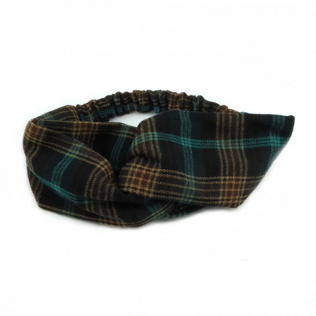Bandeau cheveux croisé en tissu tartan écossais multi vert