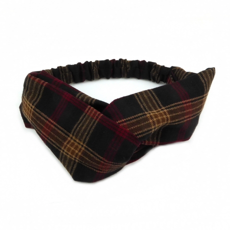 Bandeau cheveux croisé en tissu tartan écossais multi bordeaux