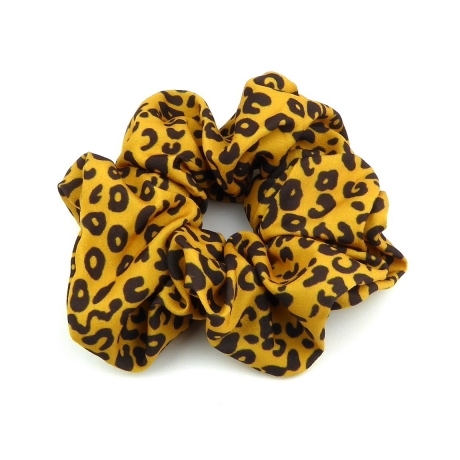 Gros chouchou en tissu satiné motif léopard 10cm - jaune orangé