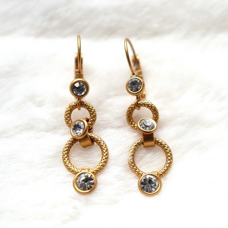 Boucle d'oreille pendante strass - doré mat