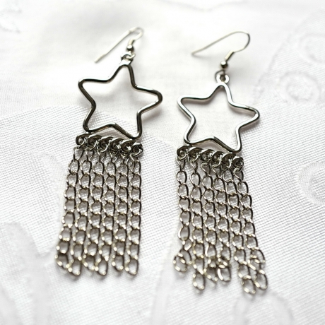 Boucle d'oreille pendante étoile et chaine - argent