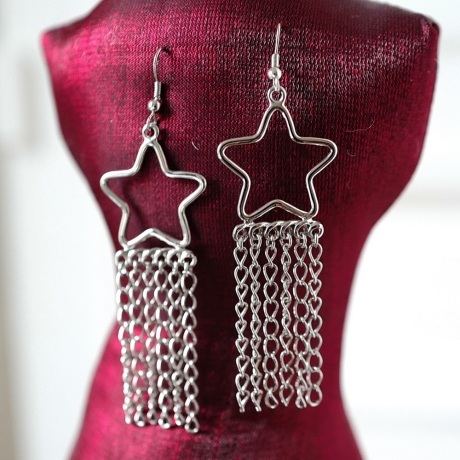 Boucle d'oreille pendante étoile et chaine - argent