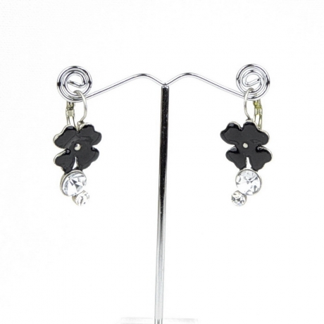 Boucle d'oreille pendante fleur émail - noir
