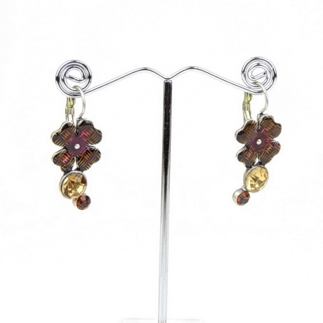 Boucle d'oreille pendante fleur émail - marron