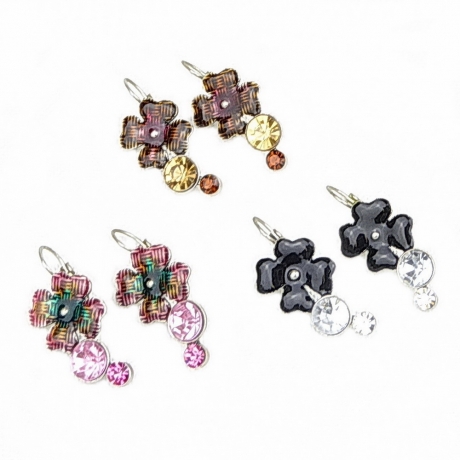 Boucle d'oreille pendante fleur émail - marron