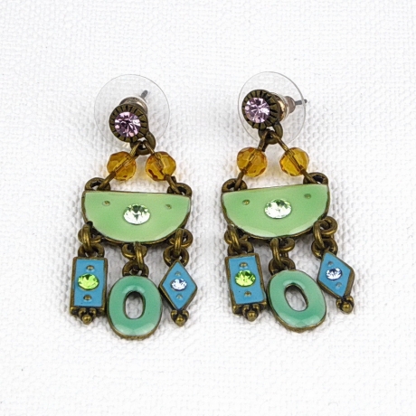 Boucle d'oreille pendante émail vintage - bleu vert