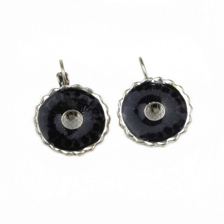 Boucle d'oreille pendante ronde dentelé émail - noir
