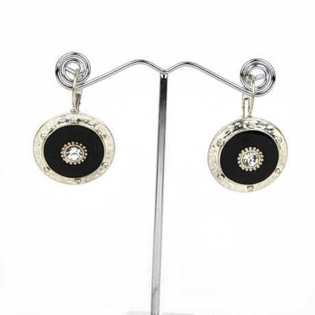 Boucle d'oreille pendante ronde émail et strass - noir