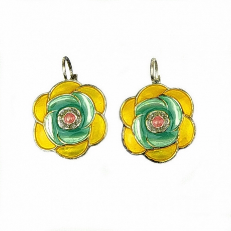 Boucle d'oreille pendante fleur émail - jaune vert