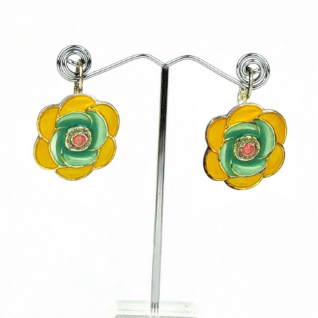 Boucle d'oreille pendante fleur émail - jaune vert