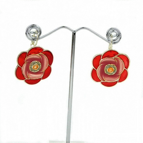 Boucle d'oreille pendante fleur émail - rouge