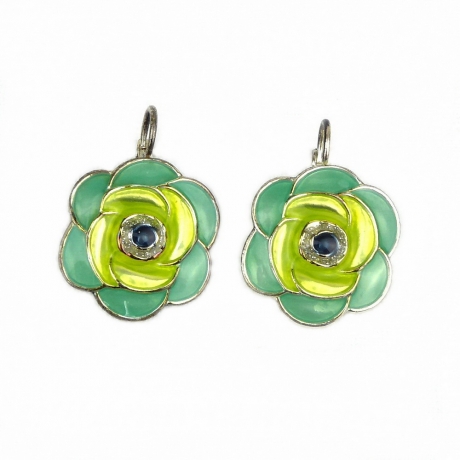 Boucle d'oreille pendante fleur émail - vert jaune