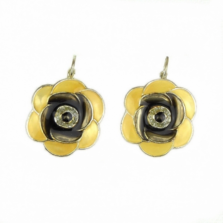Boucle d'oreille pendante fleur émail - ivoire gris